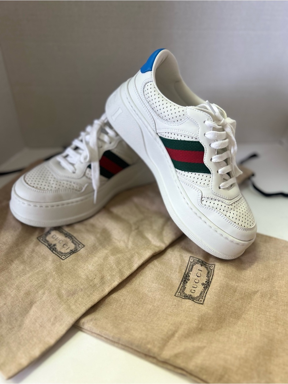 Gucci Women’s Chunky GG Web White Leather Sneaker Sz 37.5Eu/7.5US